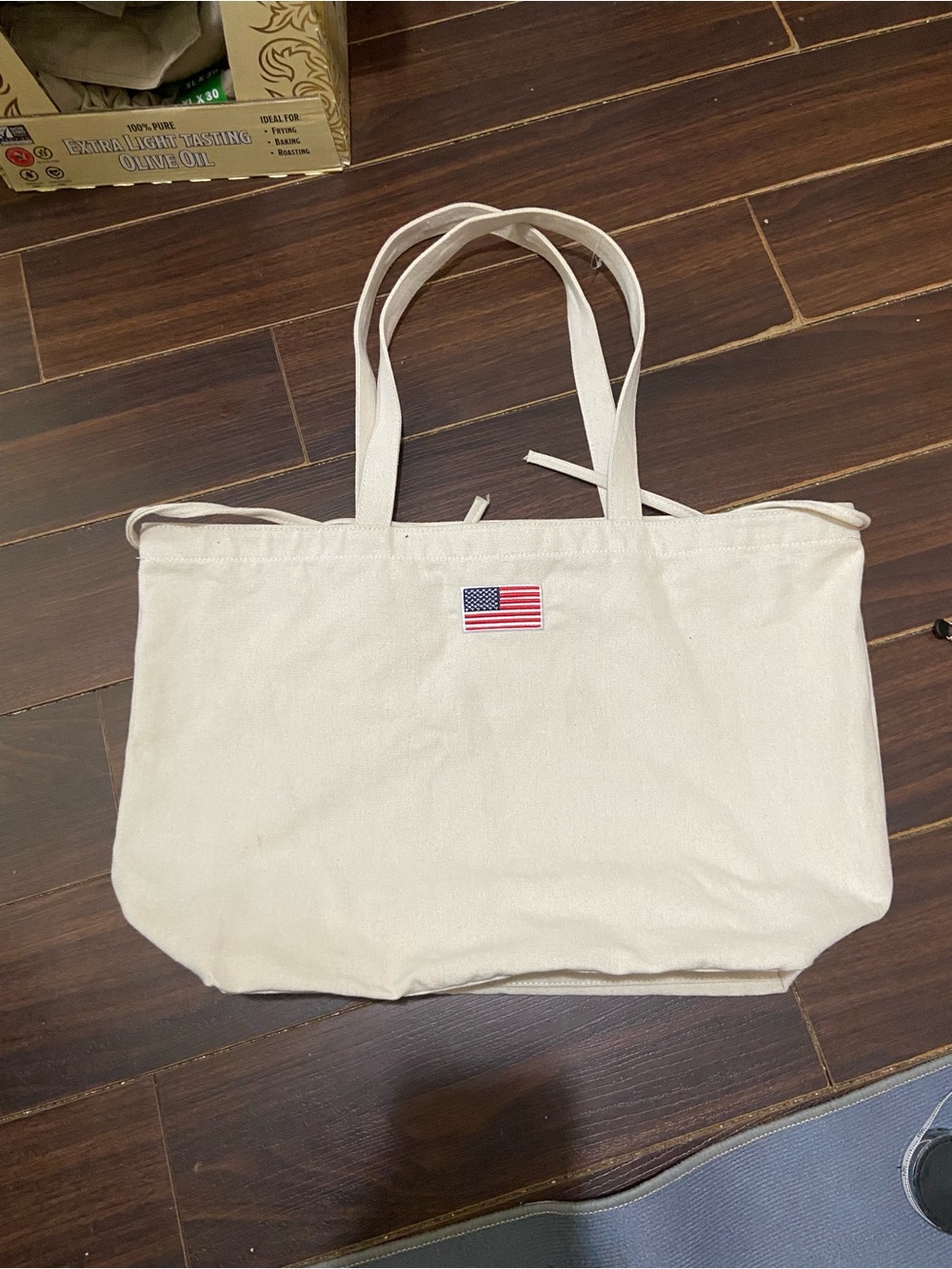 Canvas Tote Bag with American Flag Patch - Cream 14 X 5.5 x13”H